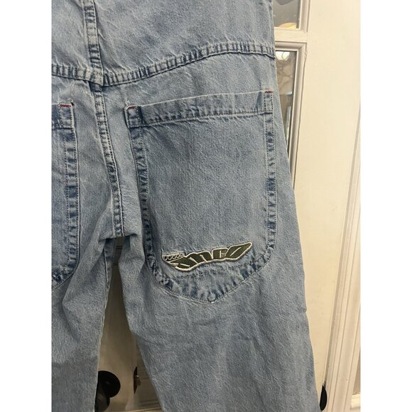 JNCO Mens Light Wash Blue Vintage Low Downs Denim Jeans Distressed Embroidered - Picture 3 of 14